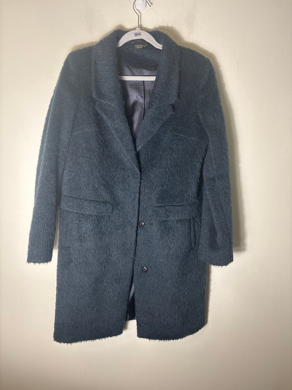 Top Shop Navy Shaggy Faux Fur Long Sleeve Coat Sz 8